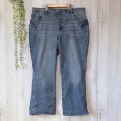 フェイデッドグローリー 刺繍 パンツ フレア 24W ビッグサイズ 青 麻