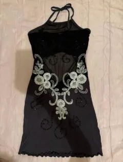 00s vintage 花柄刺繍 ホルターネック 背中あきタイトワンピース