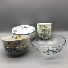 年代物ボタニカルフラワーお花葉っぱ柄ボウル鉢4種10点セットビンテージ和食器