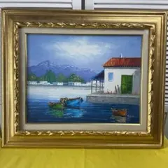 【送料込】海外作家 M.Minov？ 油彩画 港風景 額装 大型 インテリア