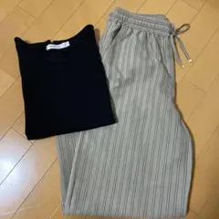 ストライプパンツと黒Vネックセットアップ 春夏コーデLサイズ