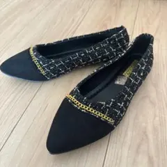 ツイード　フラットシューズ 黒/ゴールド　39 24.5 新品　ペタンコ靴