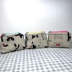 ユニーク猫柄　カラフルファスナー　ミニポーチ　3個セット