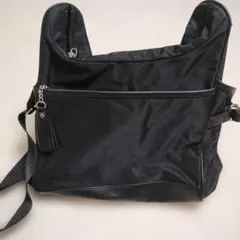 極美品 アニエスベー ショルダーバッグ ロゴ刺繍 ナイロン レザー ブラック