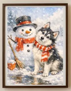 【水彩画アート】雪原の友達　2L版写真用紙