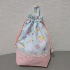 ハンドメイド　コップ袋　巾着　インコ　水色　ピンク　レース