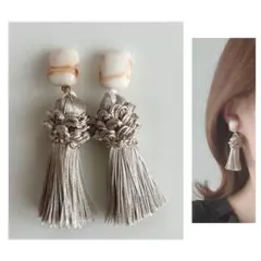ボリュームタッセル　アイボリー　スクエア　ピアス　イヤリング　ハンドメイド