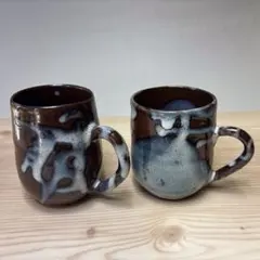 素敵なマーブルコーヒーカップ2個セット 柿天目、ワラ白