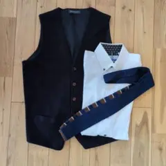 ネイビー ベスト ホワイトシャツ ネクタイセット