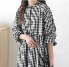 M ロングワンピース チェック シャツ　ギャザー　コットン リネン 黒　c3