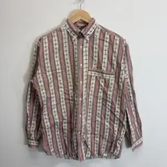レトロ 総柄シャツ 幾何学柄 ストライプ 日本製 デザインシャツ 古着 M