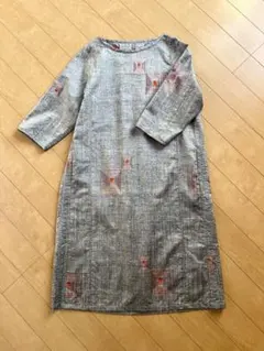 s044 真綿紬の着物からワンピース 着物リメイク ゆったりMサイズ