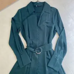 ZARA ダークグリーン シャツワンピース 長袖 ベルト付き