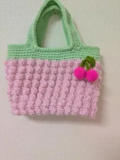 かぎ針編みトートバッグ ピンクと緑