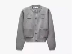 ZARA プレーンニットジャケットパデッドショルダー　グレーニットカーディガンL