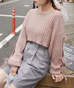 w closet リボン付きクロップドニット ピンク