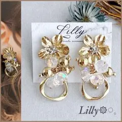 #910 大ぶりピアス/ゴールド/クリア/花/揺れる/ハンドメイドピアス