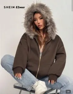 shein パーカー ファー付き ブラウン