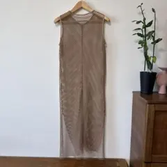 メッシュ素材 ノースリーブロングワンピース ベージュ