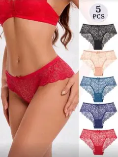 女性用 5点セット セクシーレース装飾 シアー ボウタイ ショーツ