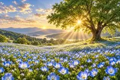 ネモフィラ　花畑　癒しの風景　朝日　デジタルアート　イラスト　風景画　C304