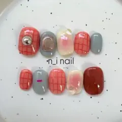 816【ベリーショート】ネイルチップ チェック×チークネイル　個性派　ぷっくり