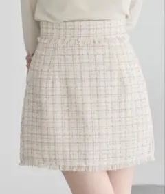 Earthフリンジ ツイード ミニスカート ホワイト