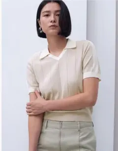 完売 H&M ニットポロシャツ ベージュ L ポロシャツ