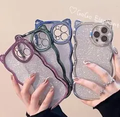 【iPhone15ProMax】ウェーブ 猫耳可愛い パープル