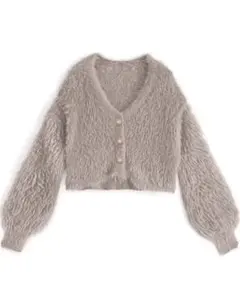 GRL ショート丈パールボタンシャギーニットカーディガン グレージュ