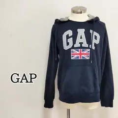 ギャップGAPロゴ入パーカースウェットトレーナー紺ネイビーSビッグロゴ古着女子