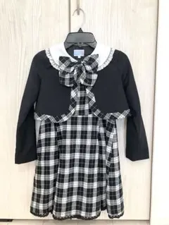 入学式 フォーマルドレス 130 黒と白のチェック柄 リボン取り外し可能