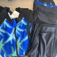 水着セット 青と黒のパームツリー柄　5点セット　ラッシュガード　体型カバー　XL