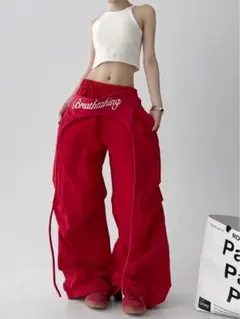y2k レッド ヒップカバー付きカーブワイドパンツ レディース
