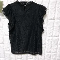 7047 黒 フリル付きノースリーブレーストップス Lサイズ