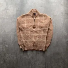 ウール100% チェック柄 ハーフジップ ニット セーター ブラウン 古着