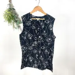 T1106 ノースリーブ　ブラウス　美品　花柄　黒　モノトーン　シャツ　お買い得