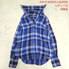美品♥️ポロラルフローレン 麻 リネン チェック柄 長袖シャツ ブルー M相当