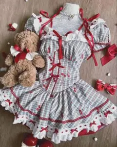 チェック柄 さくらんぼ ロリータワンピース コスプレ衣装
