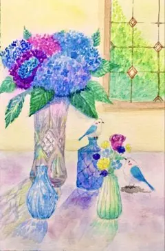 色鉛筆画A4白猫と紫陽花 - メルカリ