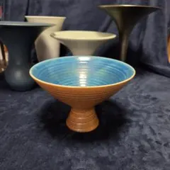【池坊花器】光山窯 高台花器 櫛目 茶×ターコイズブルー 華道具【水漏れなし】