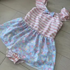 女の子用水着 ストライプ 花柄 130