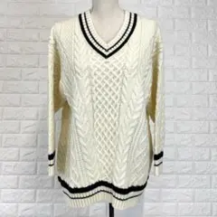 ♡アメリカンホリック【F】白 黒ライン ケーブル編みセーター Vネック 秋冬