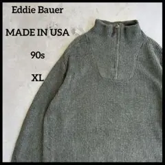 ハーフジップニットセーター　エディーバウアー　アメリカ製USA製　90s カーキ