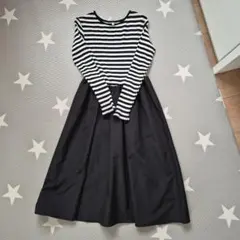 黒と白のストライプ七分袖ワンピース