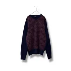 ダーバン ウール100% Vネックニット セーター　L 総柄　日本製　レナウン