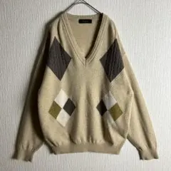 【ニット】　L　アーガイル　Ｖネック　ベージュ　茶　古着