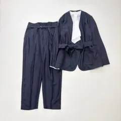 【グリーンレーベル】パンツスーツ リネンライク ノーカラー パンツ 38