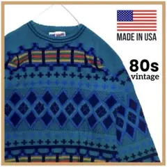 【USA製】80s ビンテージ クレイジーパターン 総柄セーター ニット 90s