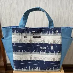 サイドポケット付き　コットンこばやし猫柄トートバッグ　ブルー
